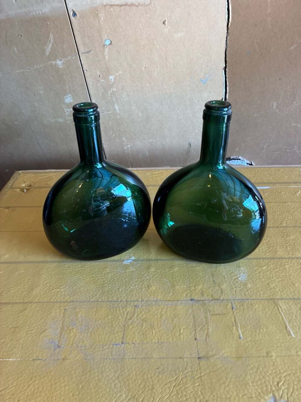 Set of 2 Vintage Dark Green Glass Bocksbeutel Wine Bottles